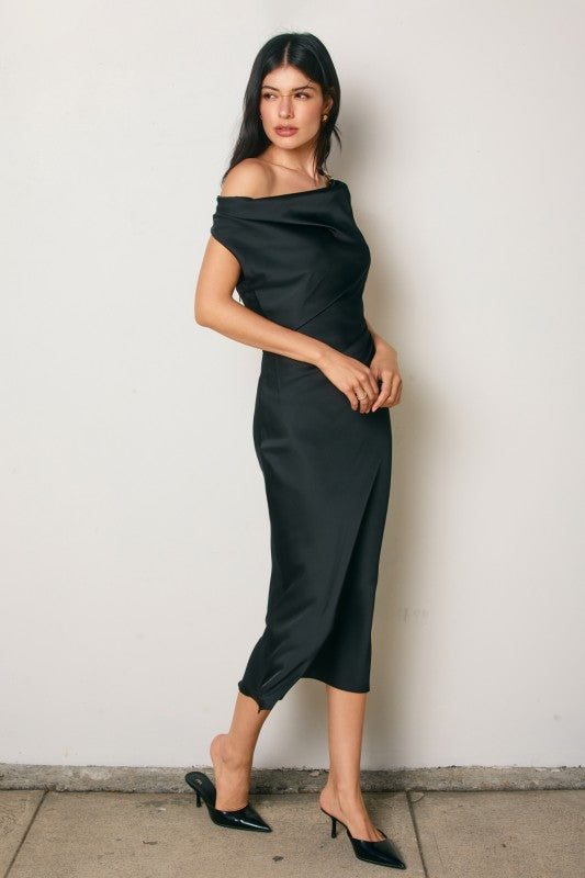 Dull Satin Ruched Midi Dress