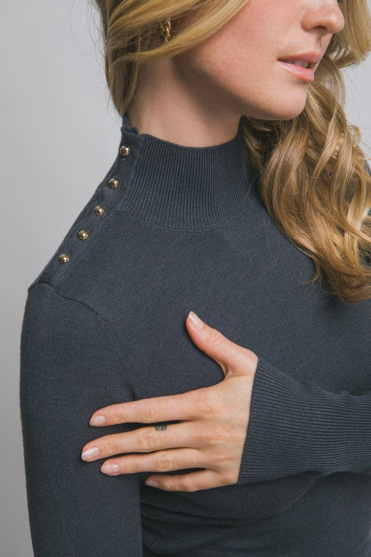 Button Detail Mock-Neck Sweater