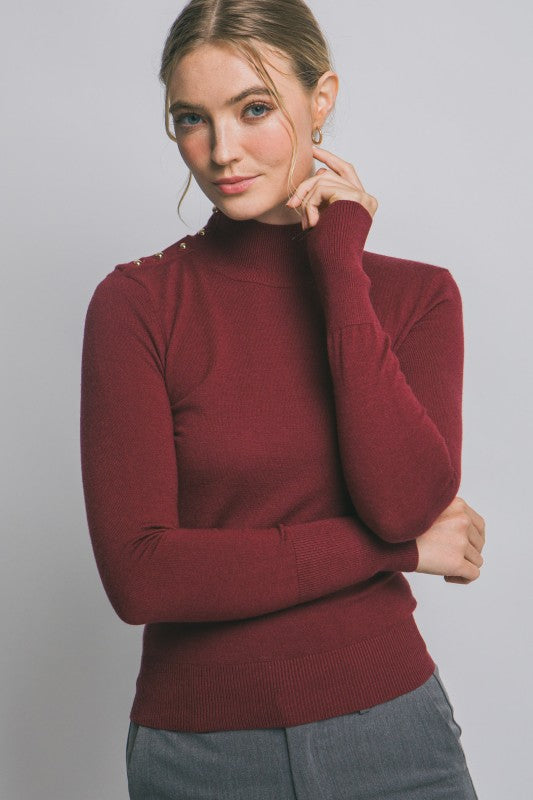 Button Detail Mock-Neck Sweater