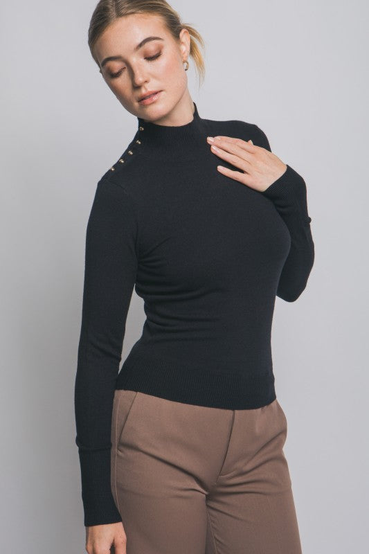 Button Detail Mock-Neck Sweater