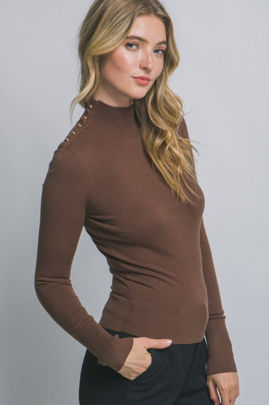 Button Detail Mock-Neck Sweater