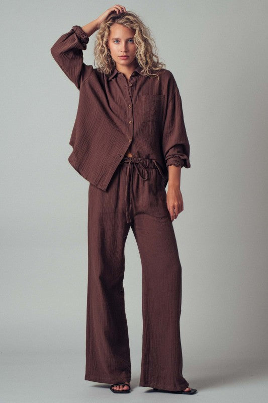 Textured Cotton Gauze Drawstring Pants