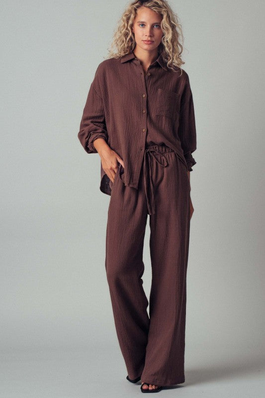 Textured Cotton Gauze Drawstring Pants