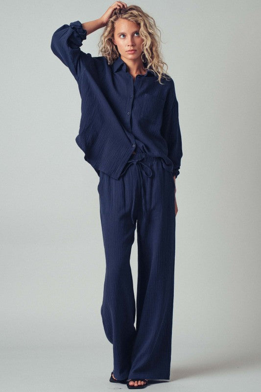 Textured Cotton Gauze Drawstring Pants