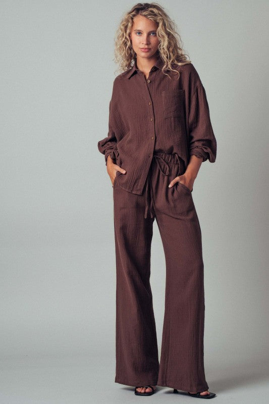 Textured Cotton Gauze Drawstring Pants