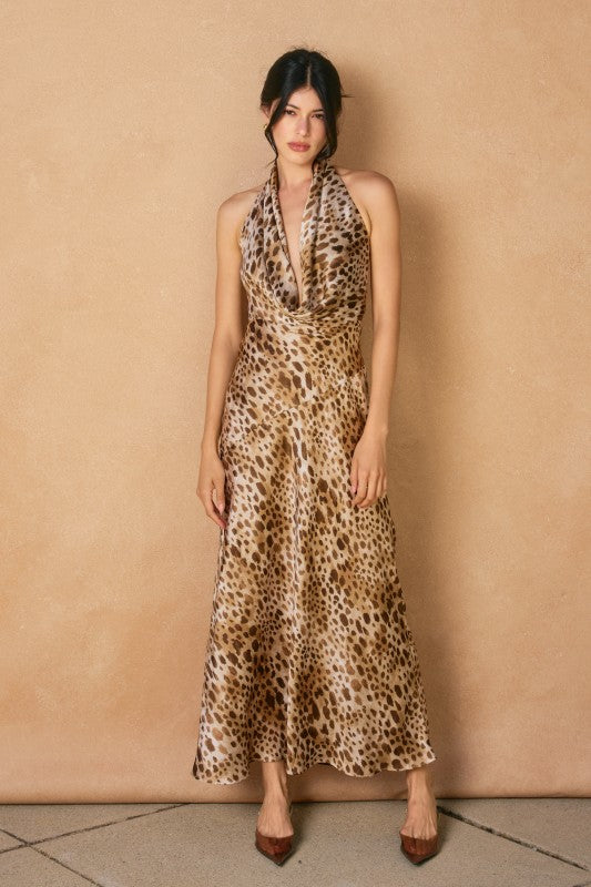 Savanna Heat Draped Halter Neck Maxi Dress