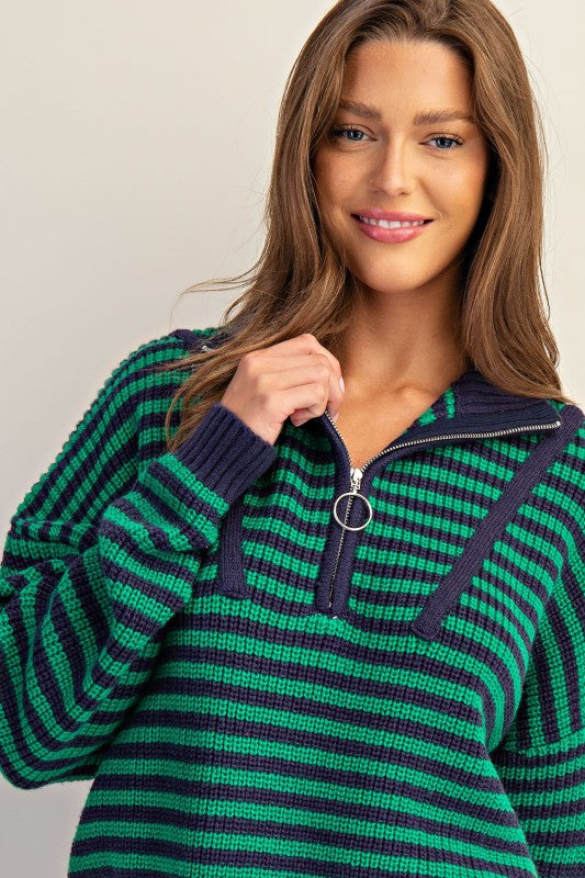 Striped Quarter-Zip Mock Neck