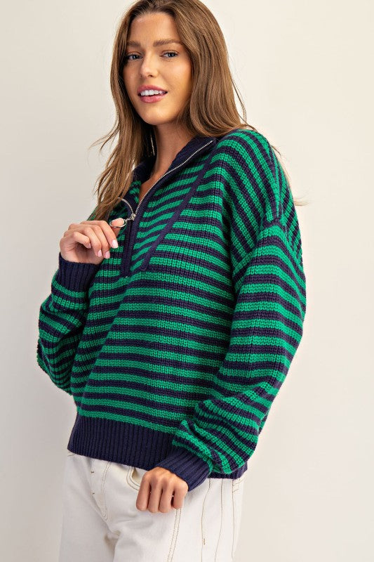 Striped Quarter-Zip Mock Neck