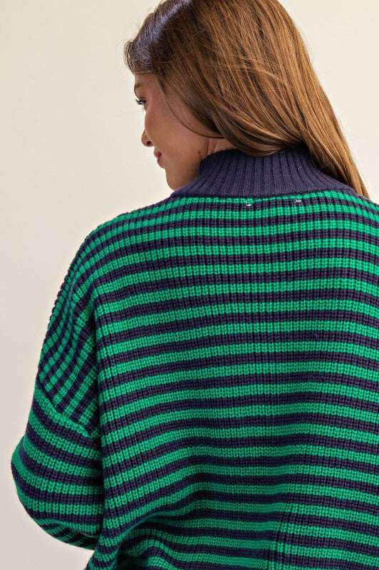 Striped Quarter-Zip Mock Neck
