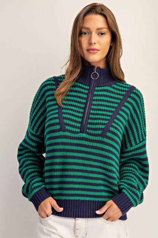 Striped Quarter-Zip Mock Neck