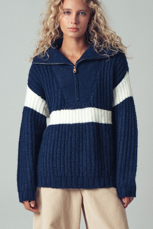Chunky Knit Half-Zip Sweater w/ Stripe