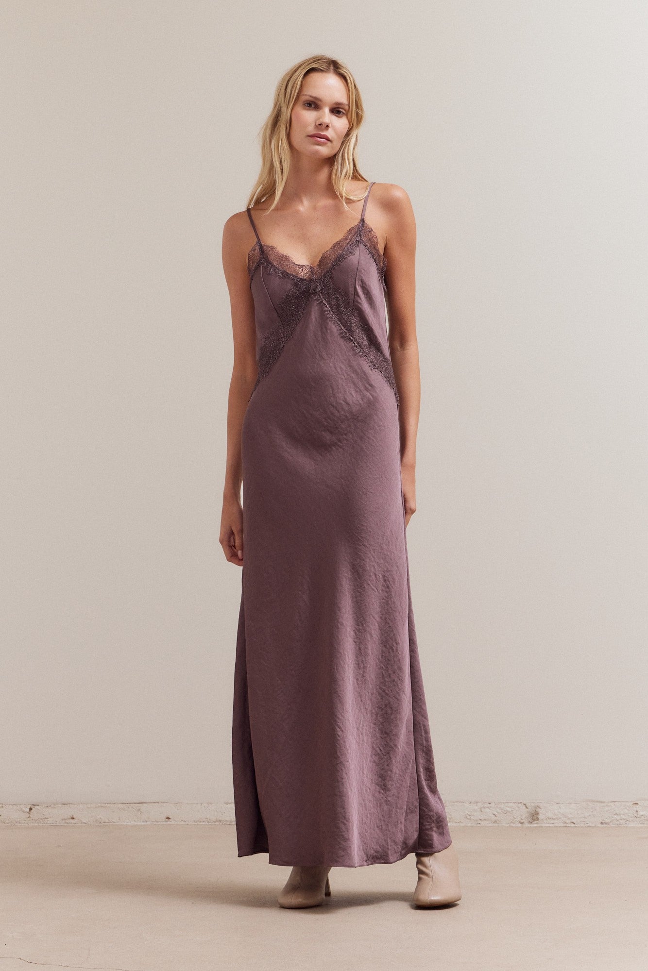 Lace Detailed Maxi Satin Dress