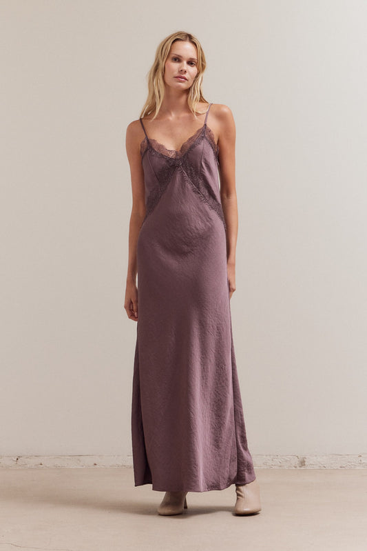Lace Detailed Maxi Satin Dress