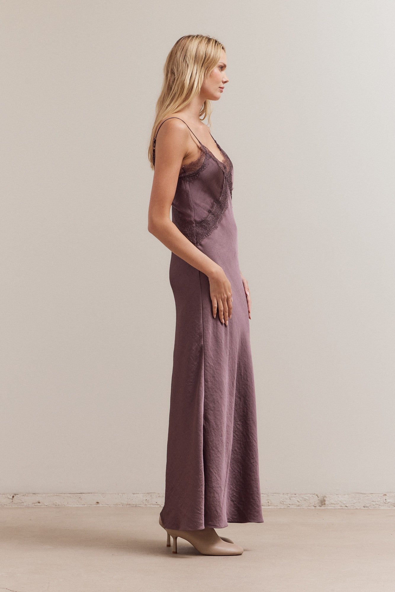 Lace Detailed Maxi Satin Dress