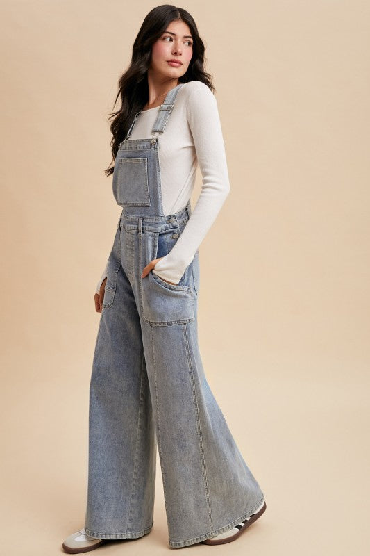 Washed Wide Leg Palazzo Denim Overalls