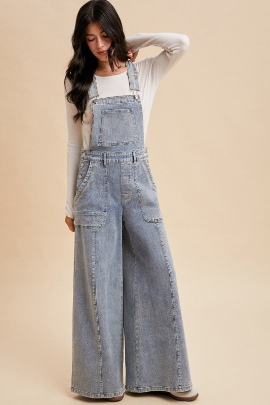 Washed Wide Leg Palazzo Denim Overalls