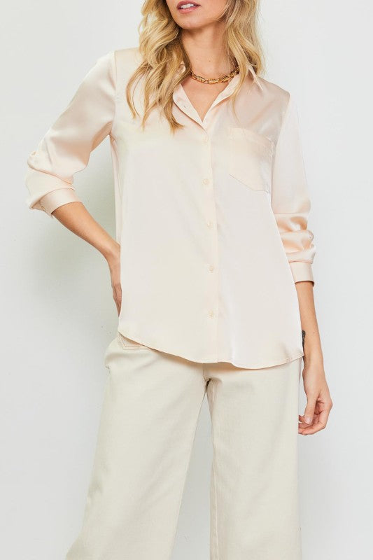 Long Sleeve Satin Button Down Shirt