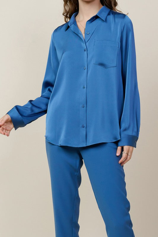 Long Sleeve Satin Button Down Shirt