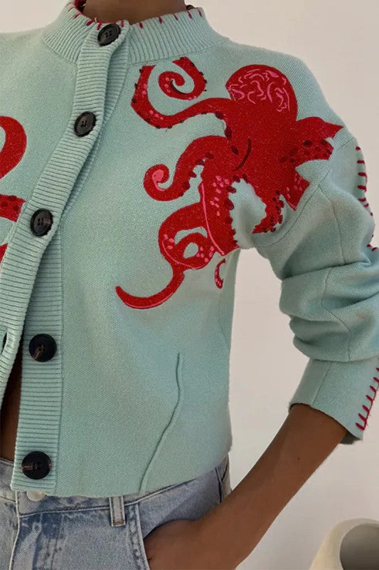 Octopus Embellished Cardigan Sweater