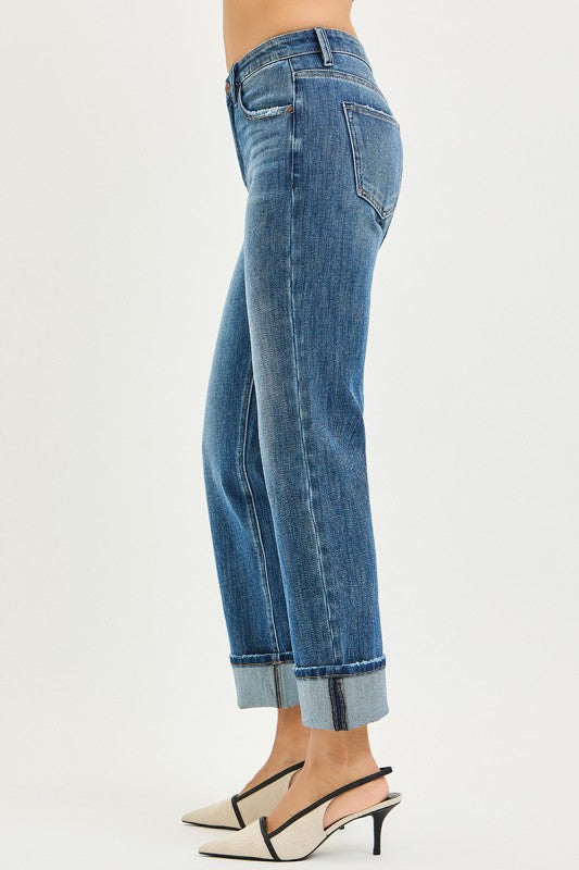 Slouchy Straight Jeans w/ Cuffed Hem