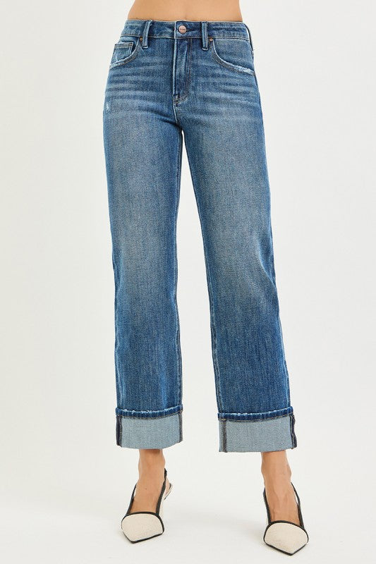 Slouchy Straight Jeans w/ Cuffed Hem
