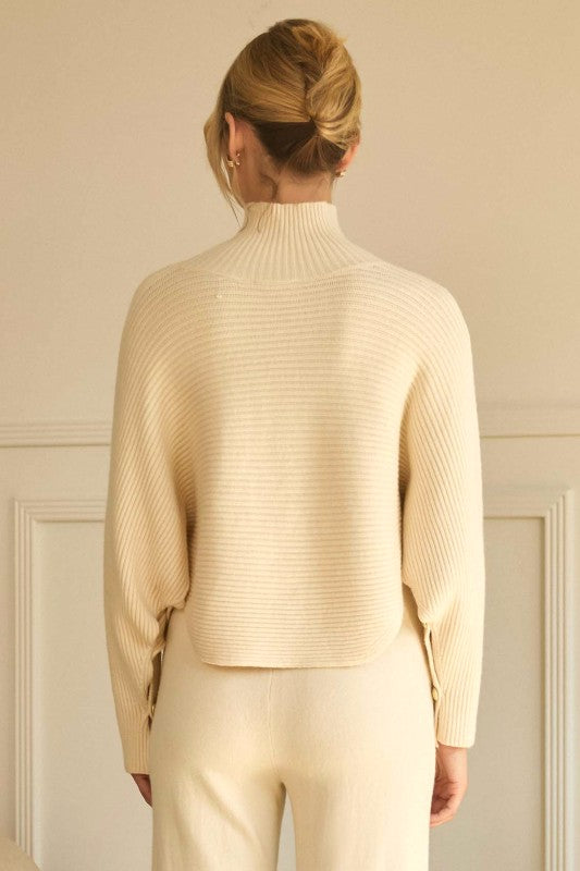 Asymmetrical Button-Sleeve Mock Neck Sweater