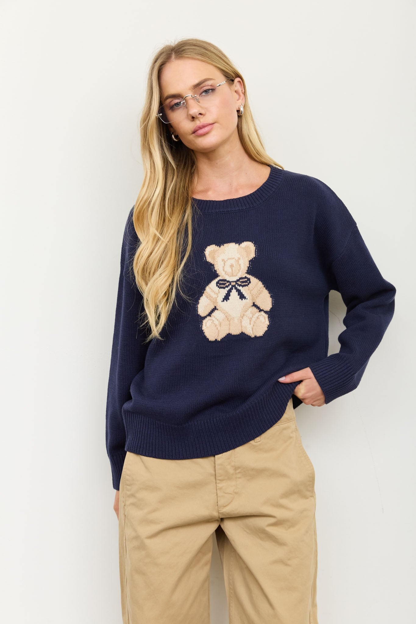 teddy jacquard crew neck pullover sweater