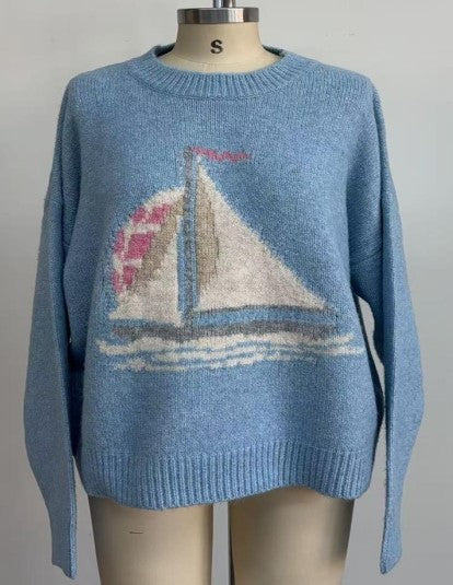 Sailboat Knit Fuzzy Sweater