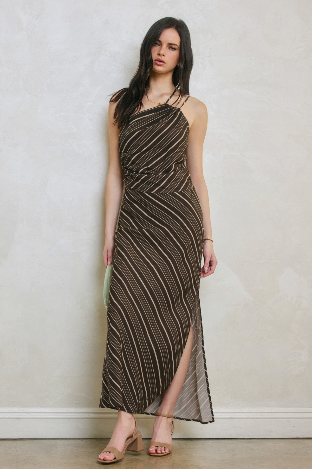 seraphina stripe one shoulder ruched maxi dress