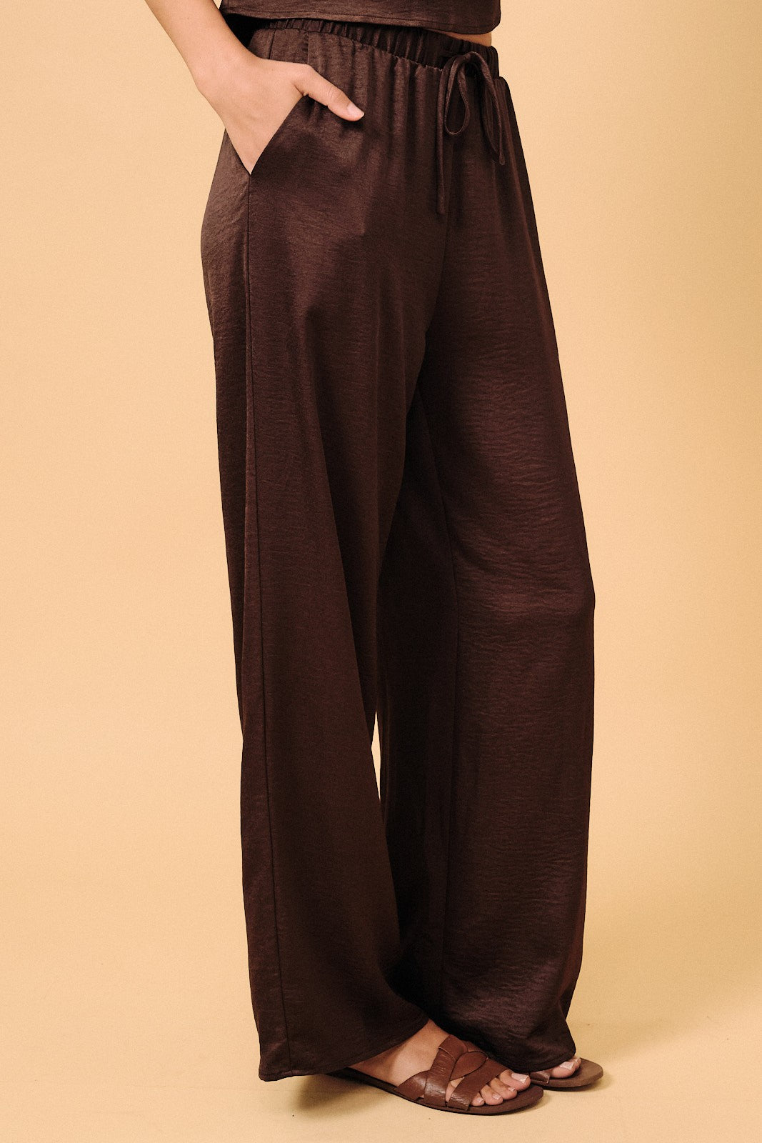 Drawstring Elastic Waist Band Crinkled Satin Wide Leg Pants