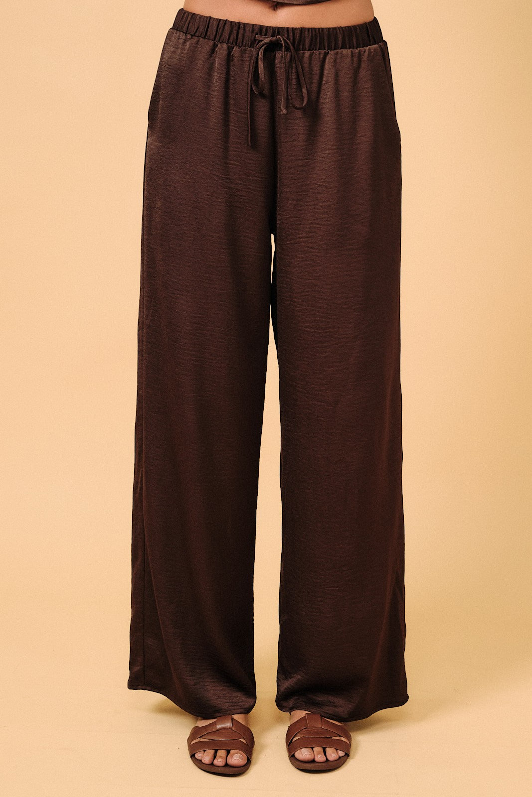 Drawstring Elastic Waist Band Crinkled Satin Wide Leg Pants