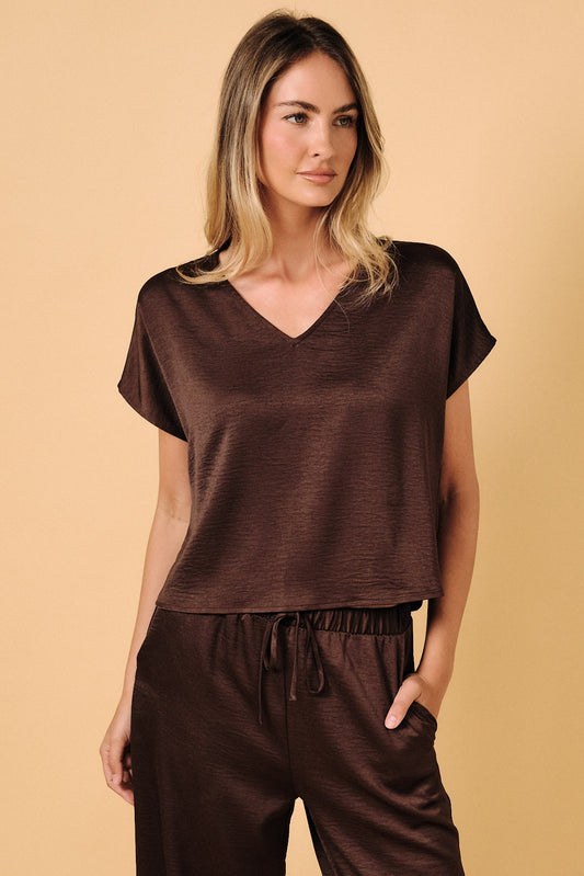 V Neck Dolman Short Sleeve Crinkle Satin Top