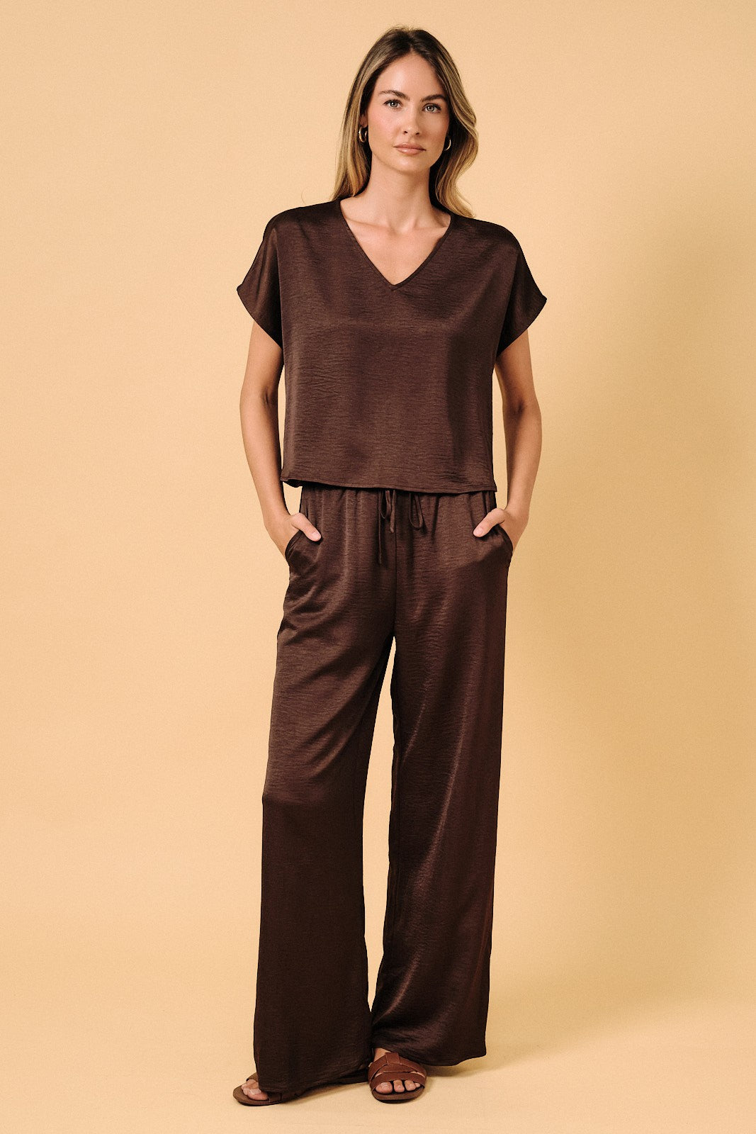 V Neck Dolman Short Sleeve Crinkle Satin Top