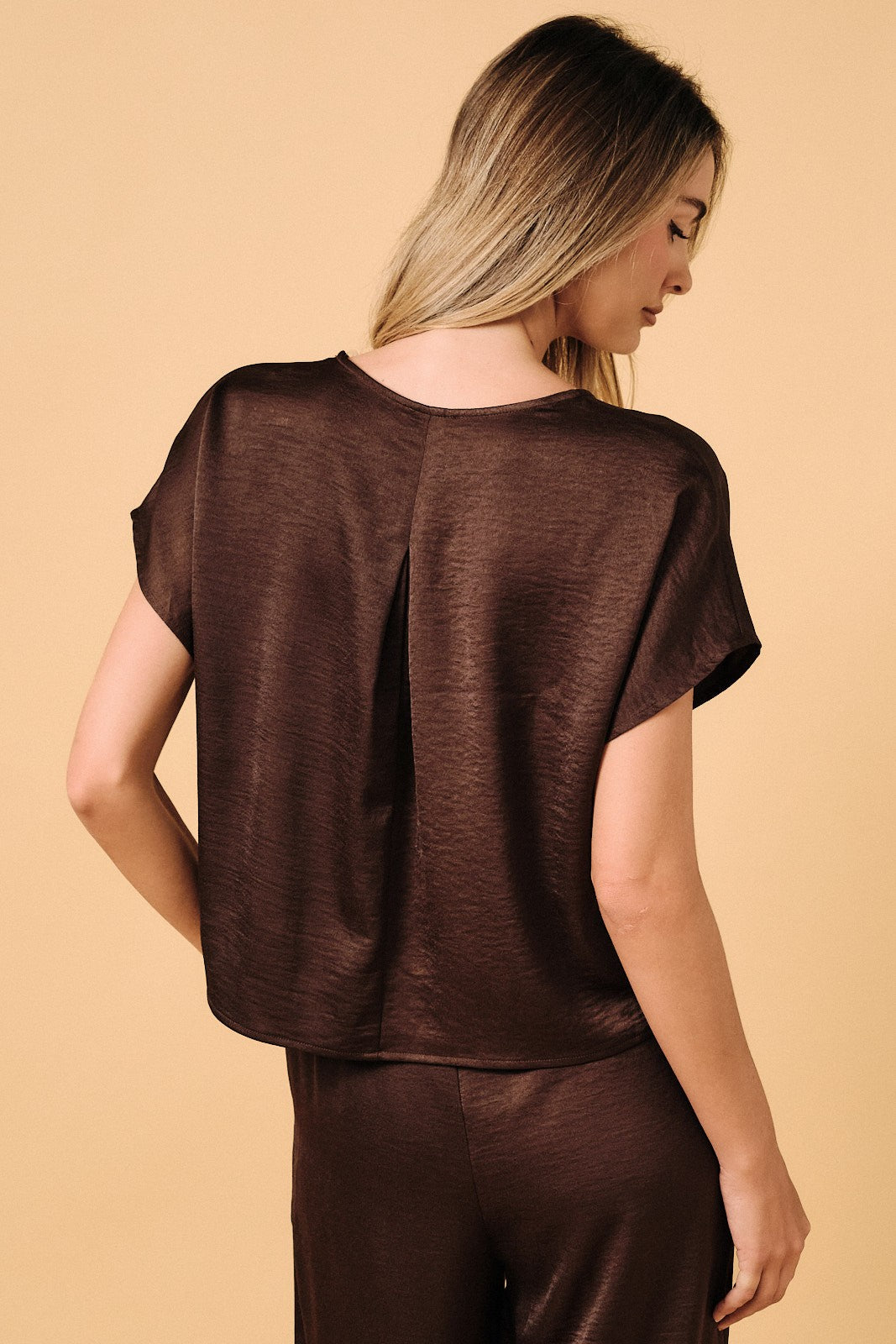 V Neck Dolman Short Sleeve Crinkle Satin Top