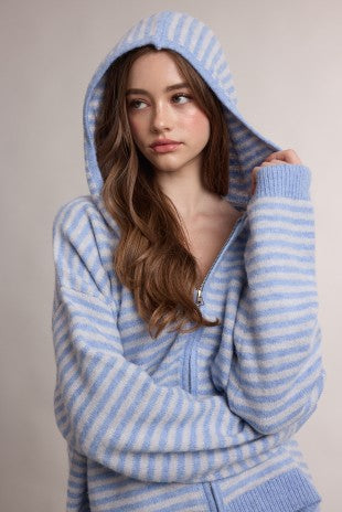 suri striped two-way zip sweater hoodie