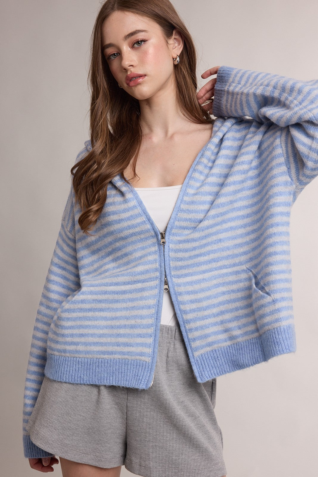 suri striped two-way zip sweater hoodie