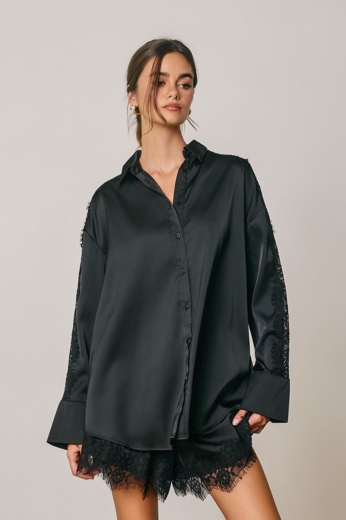 loreli lace sleeve satin oversized shirt