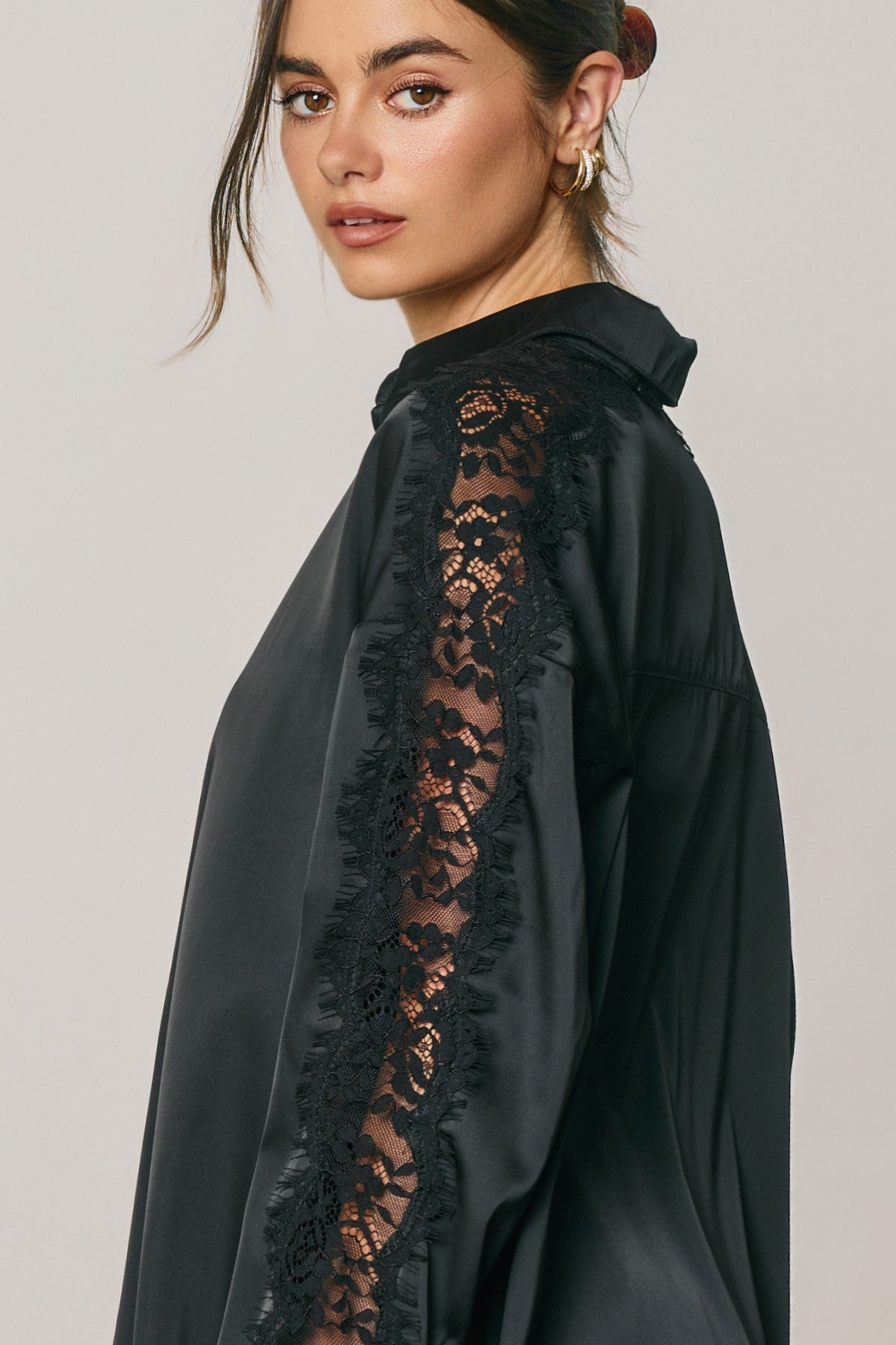 loreli lace sleeve satin oversized shirt