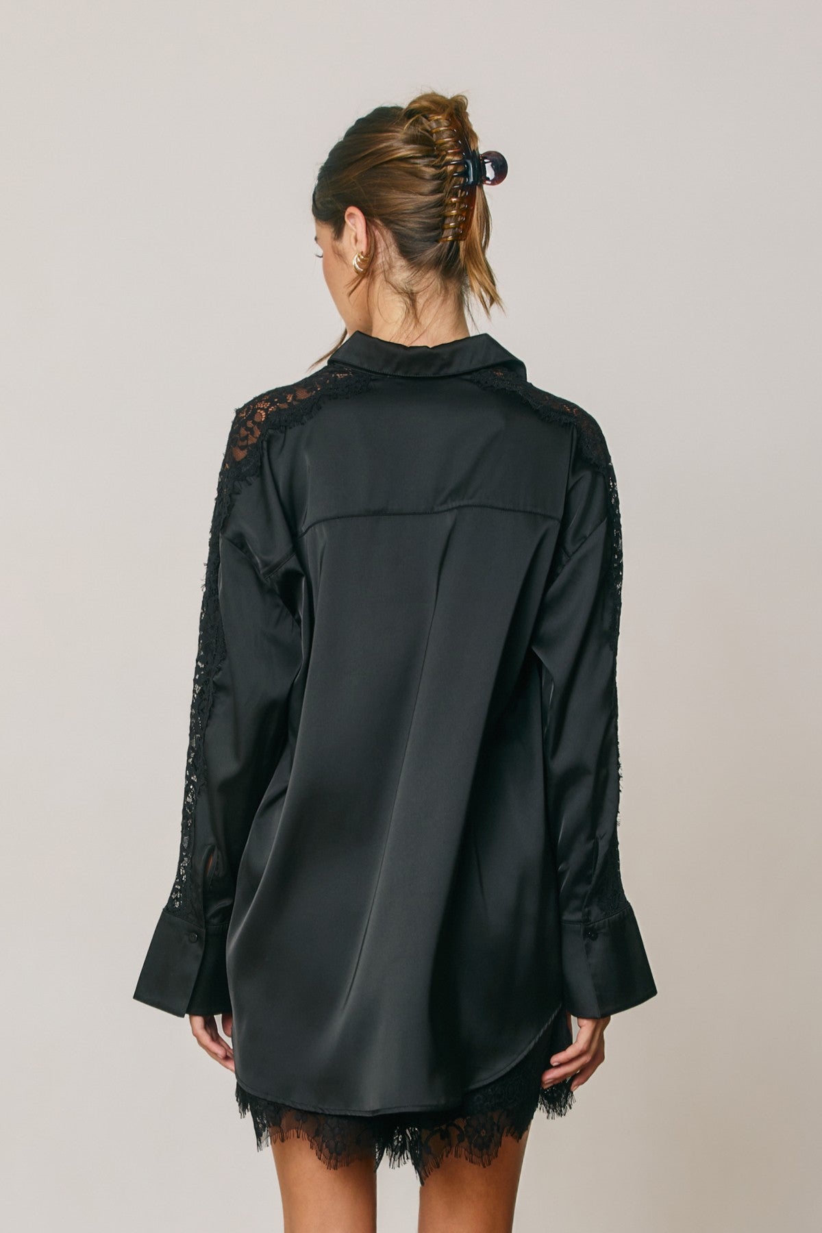 loreli lace sleeve satin oversized shirt