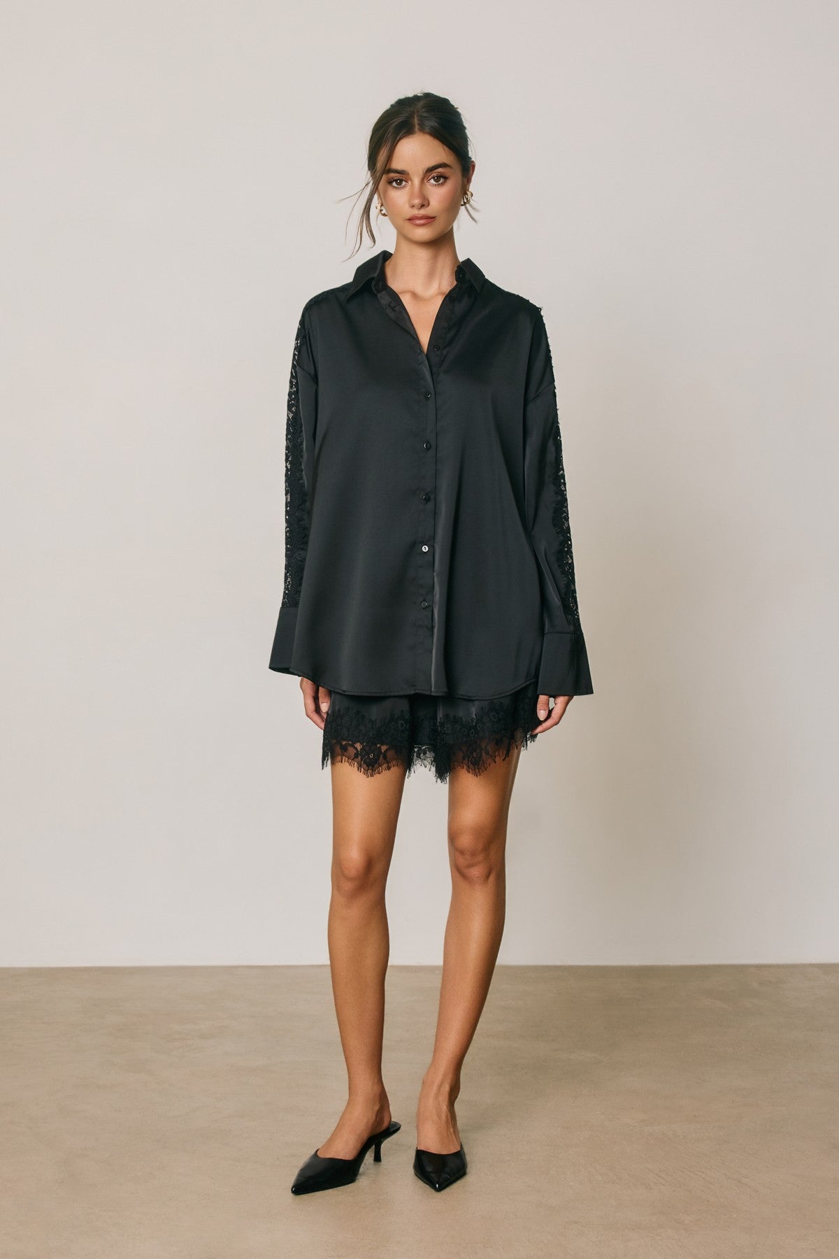 loreli lace sleeve satin oversized shirt