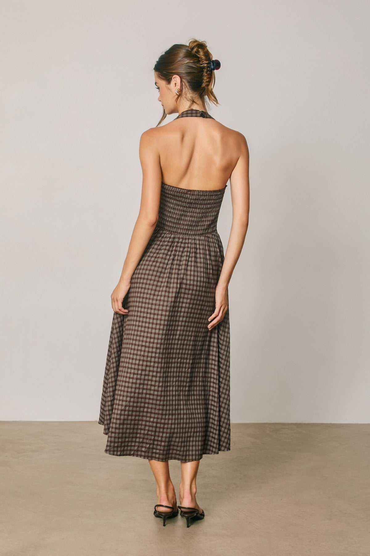pinup plaid halter open back midi dress