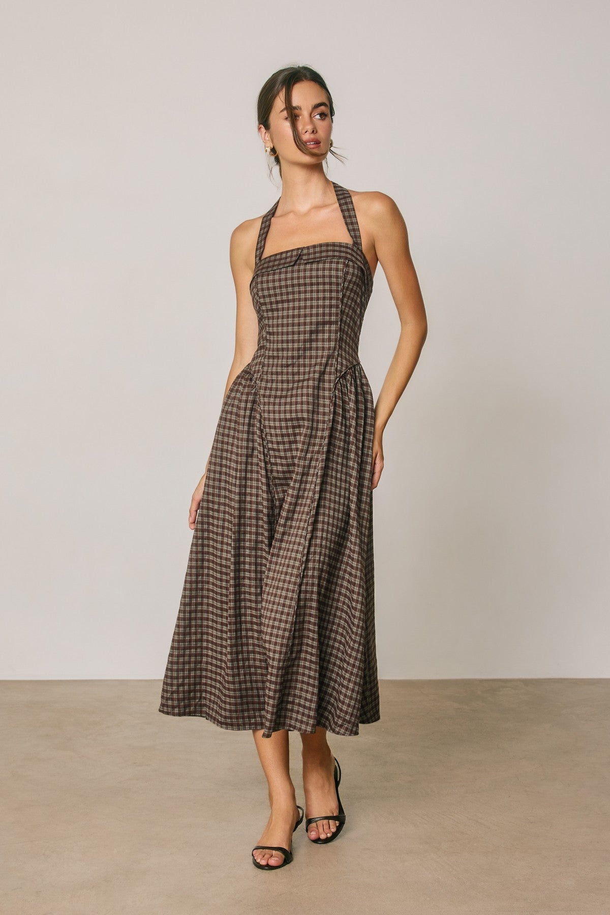 pinup plaid halter open back midi dress