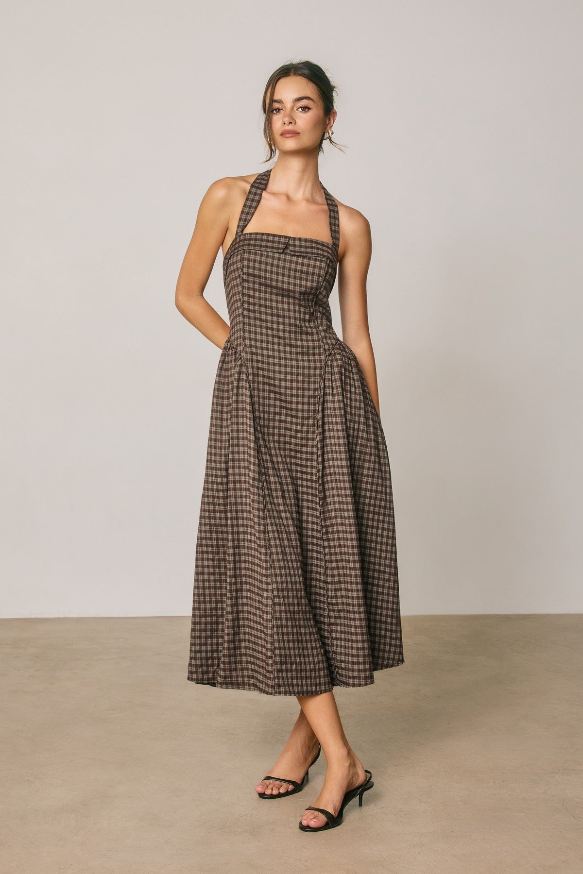 pinup plaid halter open back midi dress