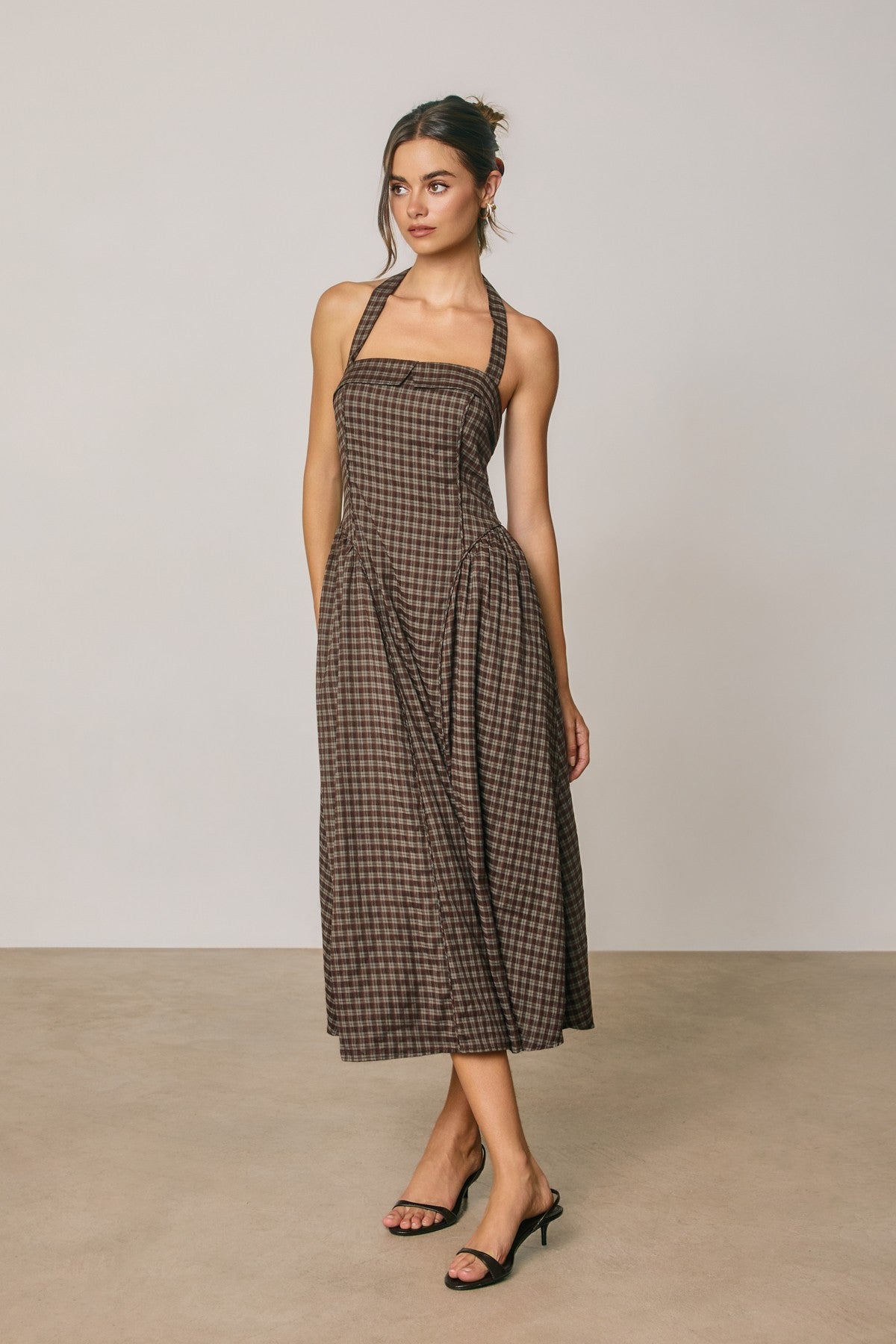 pinup plaid halter open back midi dress