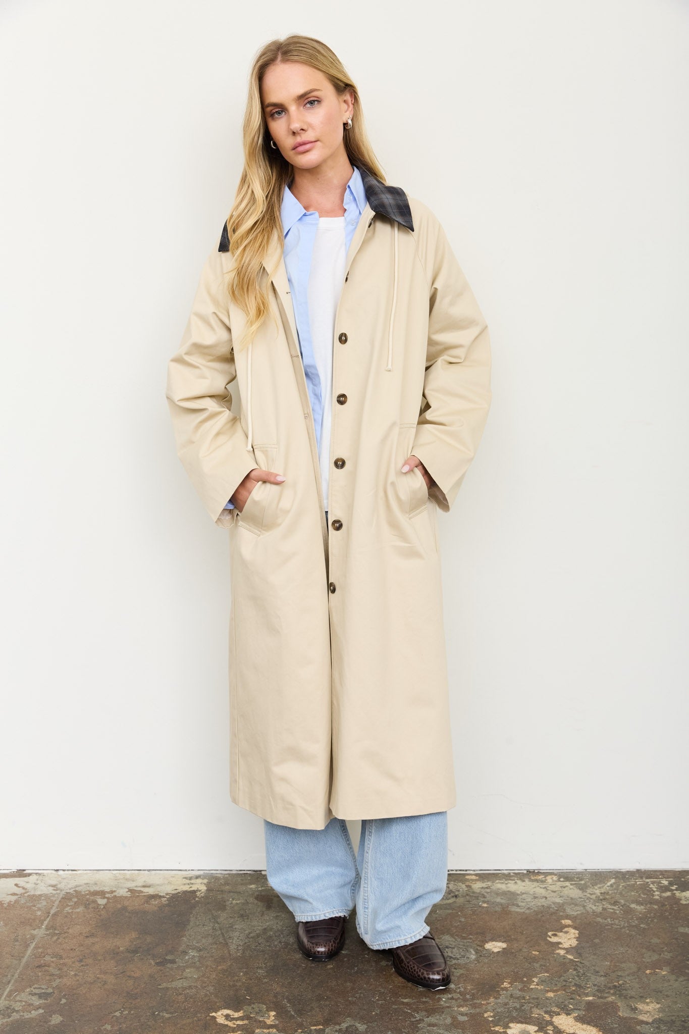 penelope plaid collar hooded long coat