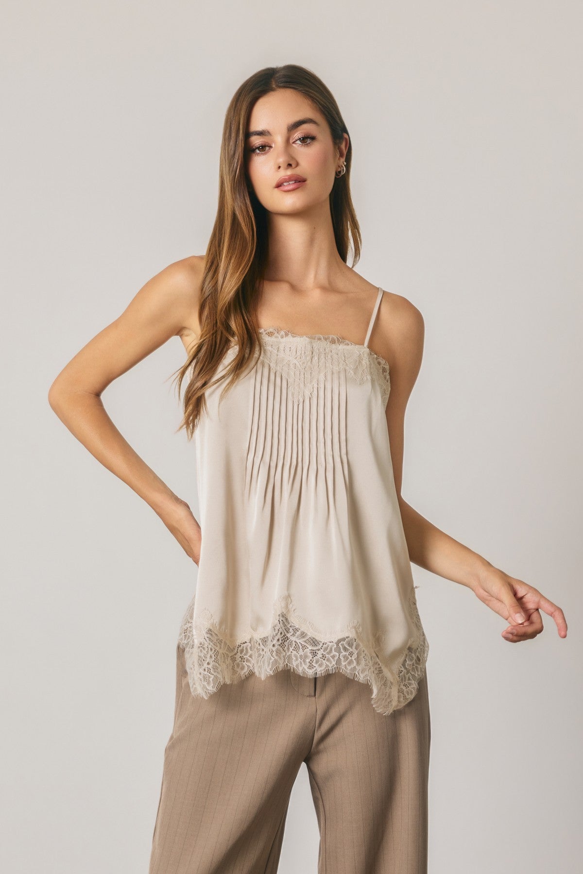 solange satin lace trim pintuck cami top