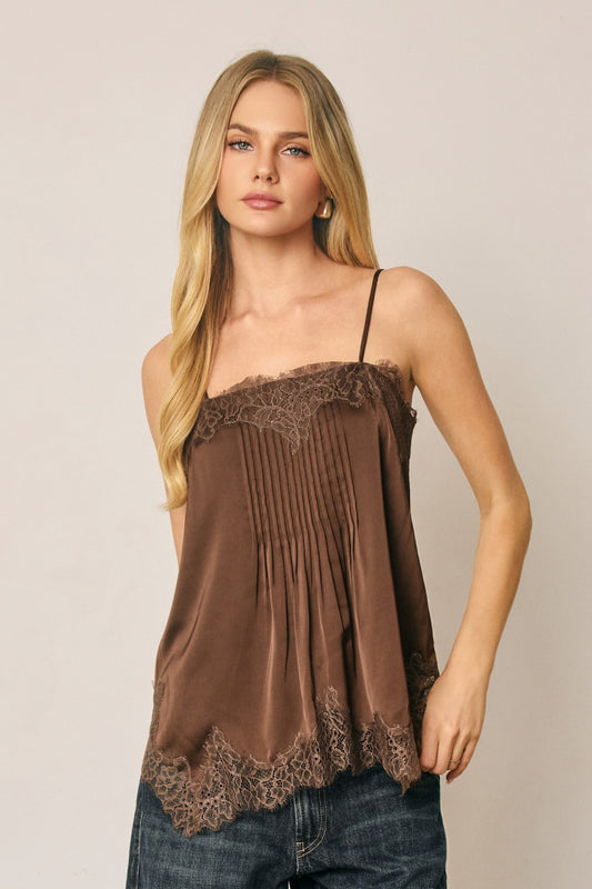 solange satin lace trim pintuck cami top