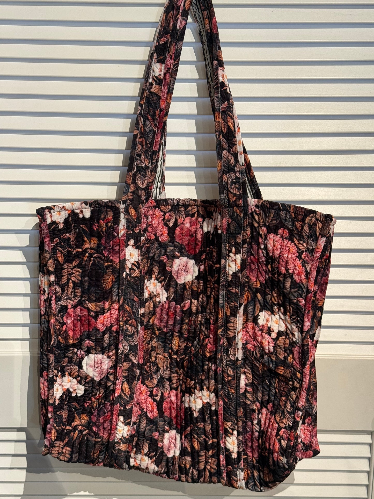 Pink/brown floral velvet printed tote
