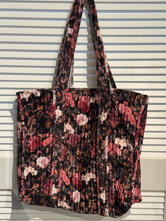 Pink/brown floral velvet printed tote