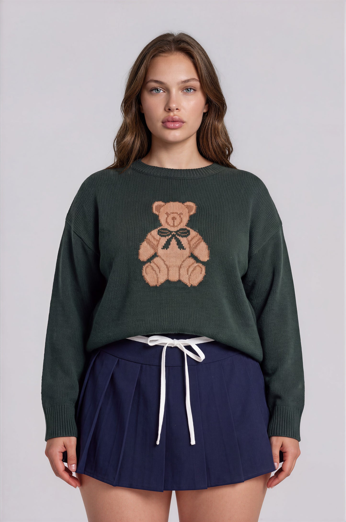 teddy jacquard crew neck pullover sweater-curvy